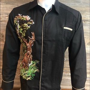Mexican Guayabera Shirt Black Linen Long Sleeve Deer Cross Stitch Embroidery